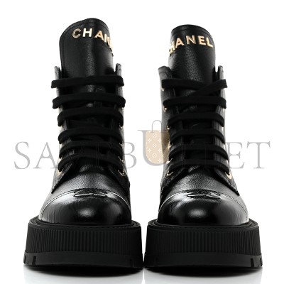 CHANEL GRAINED CALFSKIN SHINY CALFSKIN CC LACE UP COMBAT BOOTS 1437689